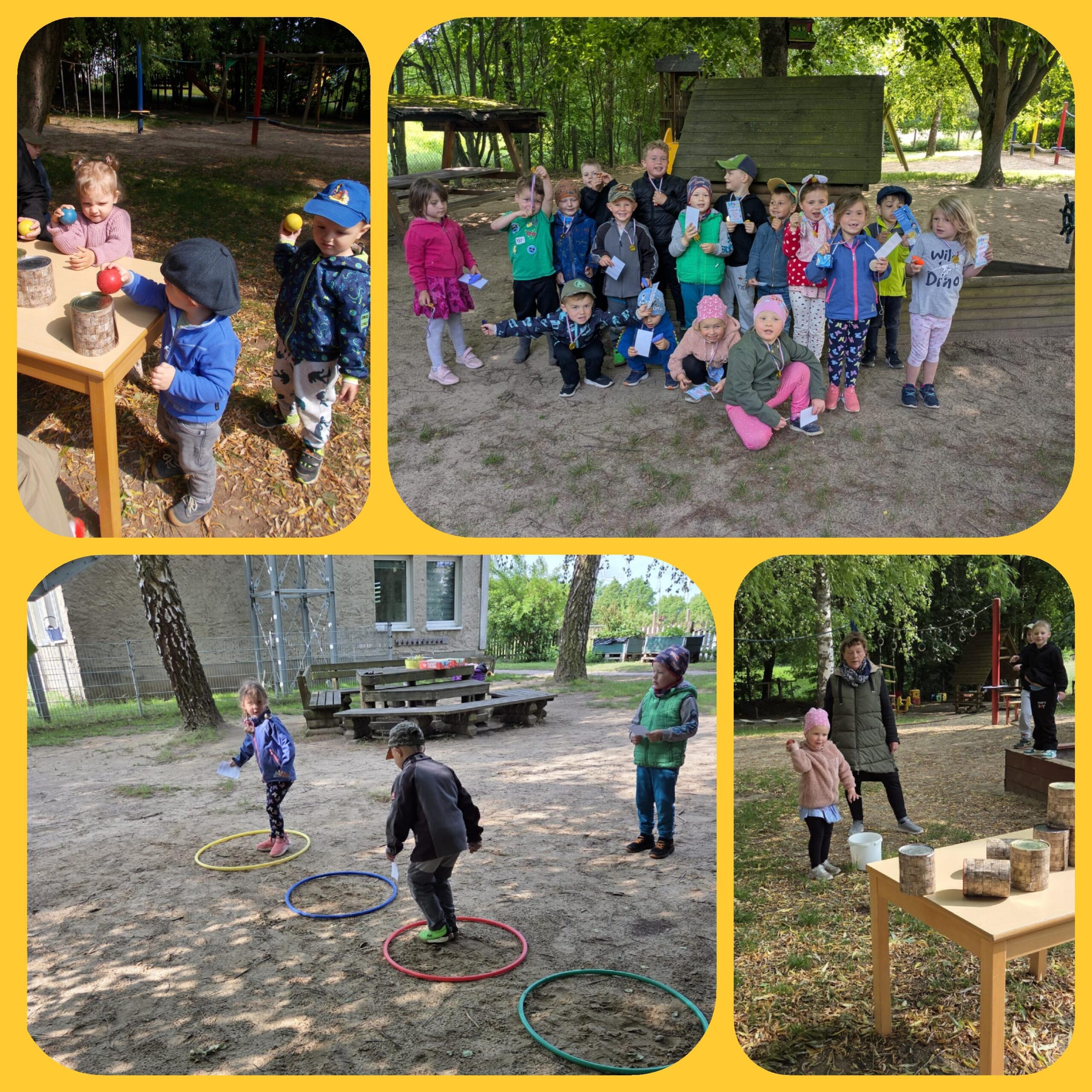Collage mit Gruppenfoto von der Kitagruppe und Kinder die verschiedene Übungen absolvieren