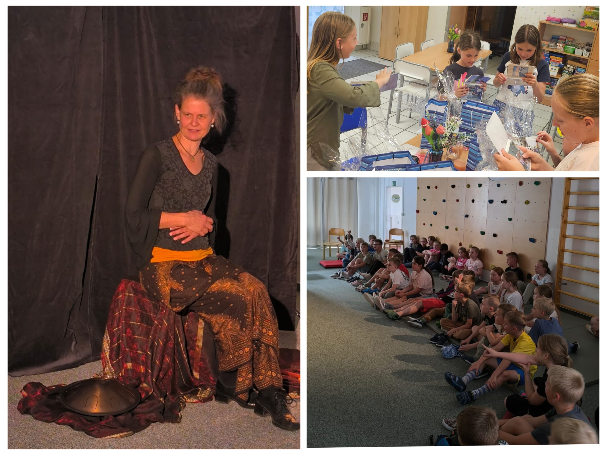 Collage mit Theatervorführung, Kinder die sitzen und zuschauen sowie Geschenke auspacken