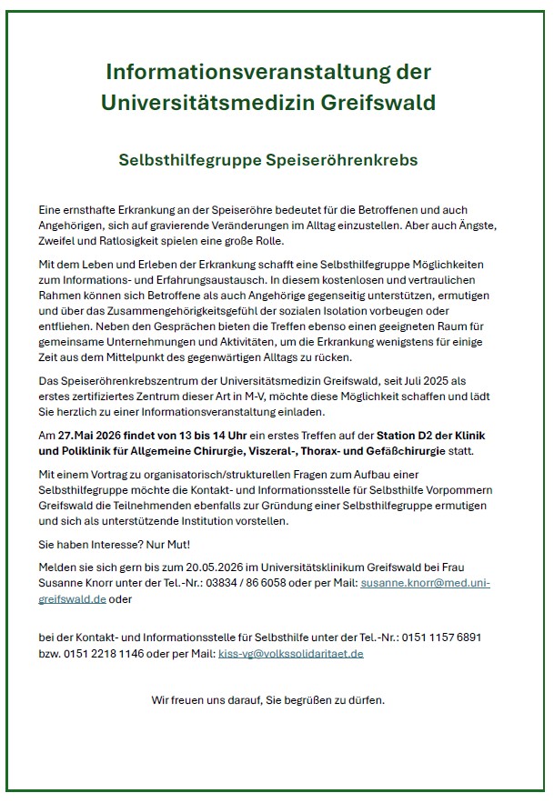Selbsthilfegruppe Speiseröhrenkrebs – Informationsveranstaltung der Universitätsmedizin Greifswald